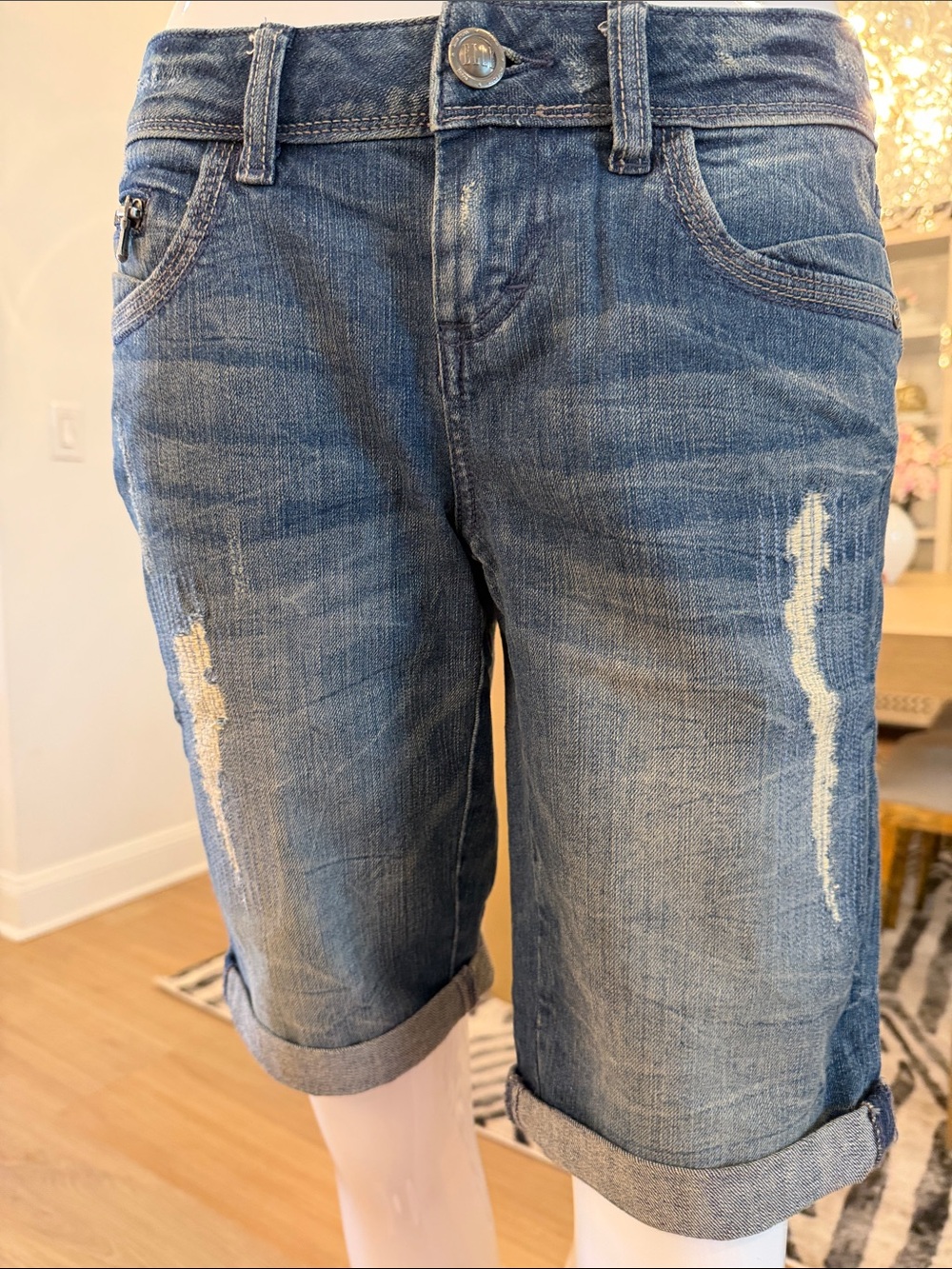 Elle Blue Distressed Denim Bermuda Shorts